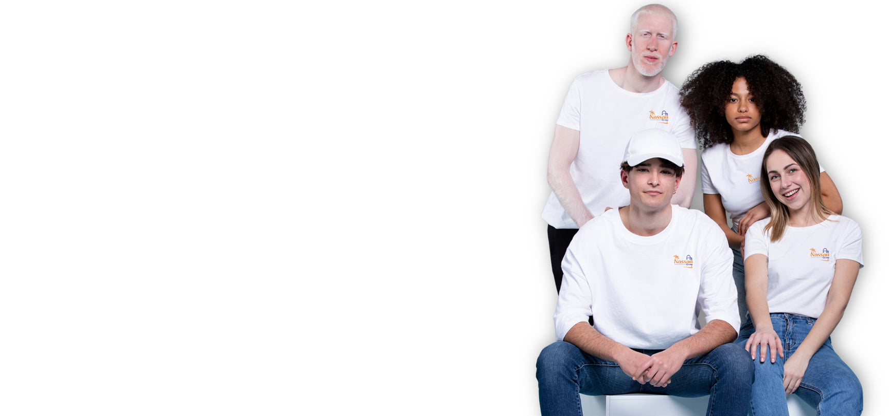 Nassau Group apparel models wearing custom white t-shirts